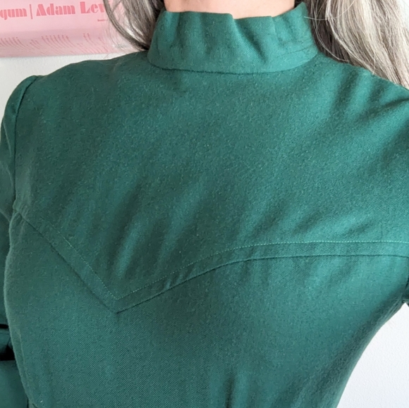 dark green LONG SLEEVE DRESS 1970's vintage S - Picture 3 of 13